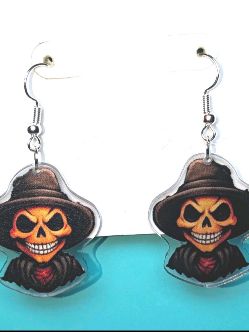 Hand Crafted Orange and Black Skull Hat Dangle Earrings